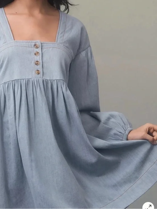 By Anthropologie Long-Sleeve Square-Neck Denim Babydoll Mini Dress size M - Picture 3 of 8